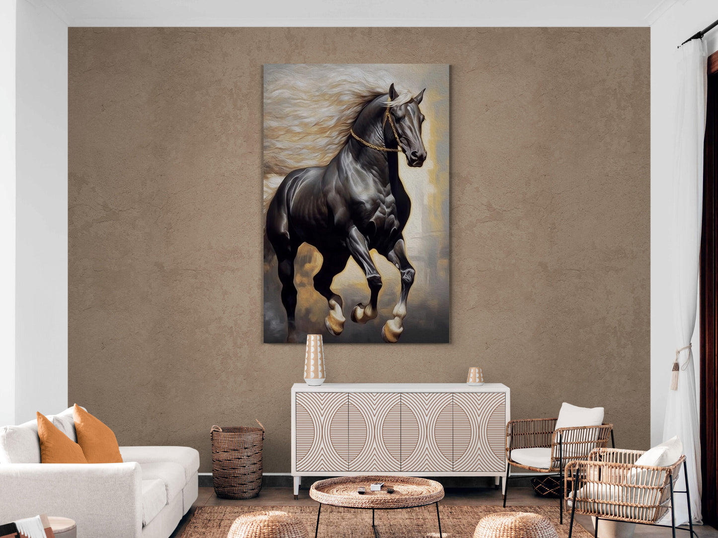 Large horse artwork, floater frame animal canvas print, printable black horse artwork, framed living room wall art, aluminum frame wall art