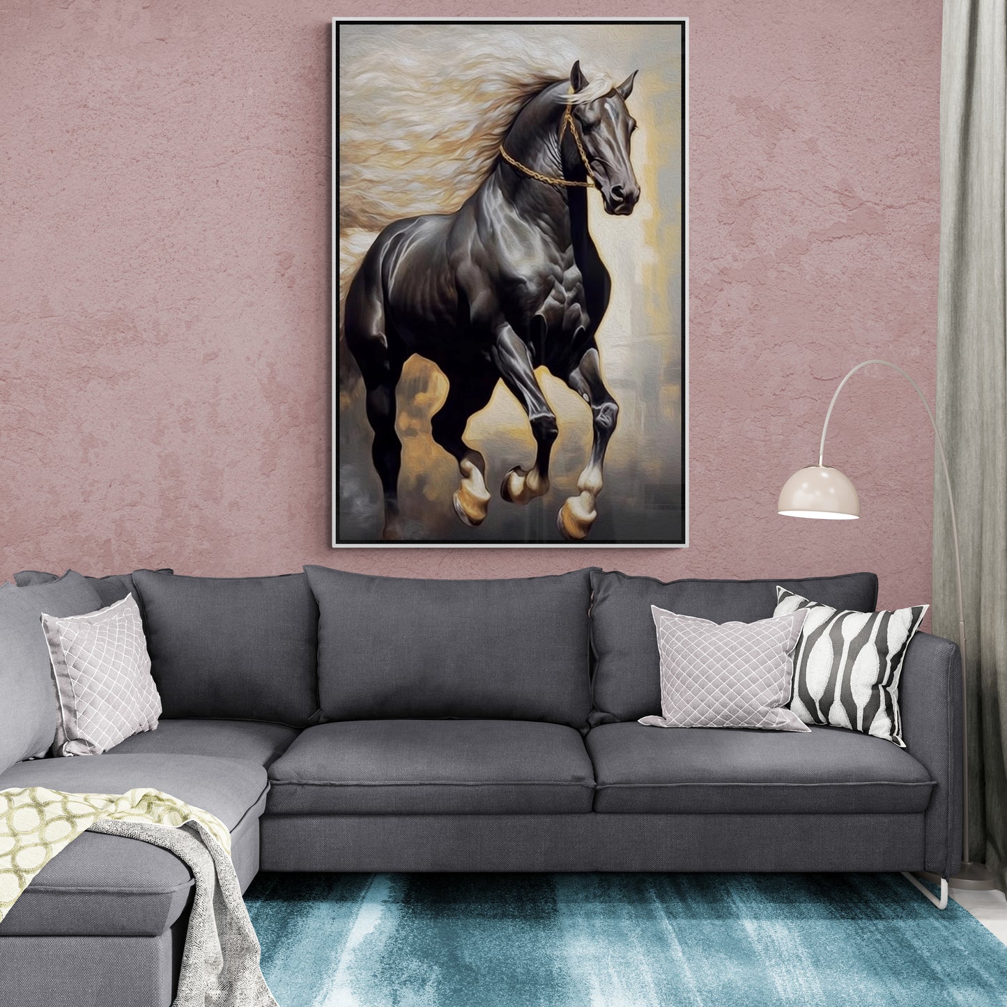 Large horse artwork, floater frame animal canvas print, printable black horse artwork, framed living room wall art, aluminum frame wall art