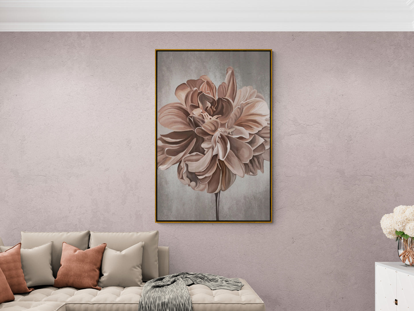 Large floral wall art, beige flower canvas print, floating frame artwork, modern printable wall art, watercolor art print, bedroom artwork