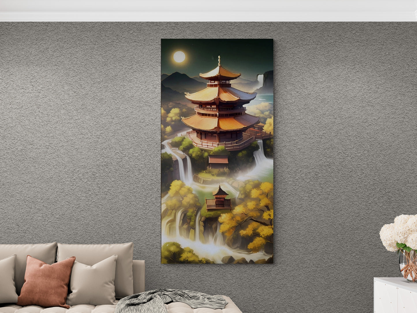 Large oriental canvas print, framed japanese wall art, floater frame wall art, architecture wall art, modern Asian nature wall art bedroom