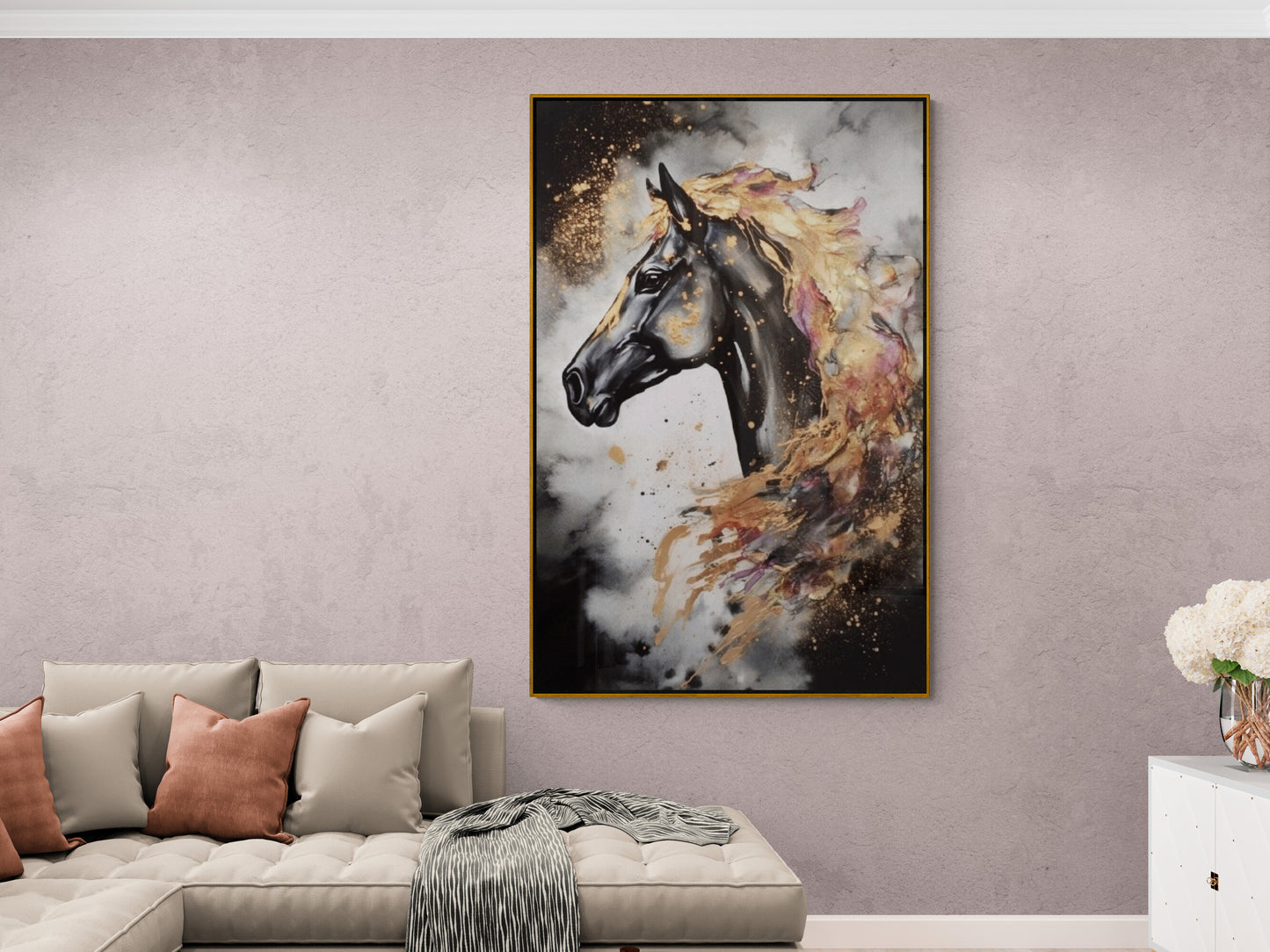 Black horse wall art, large animal canvas print, moderm framed artwok, stylish floater frame wall art, gift wall art, printable artwork