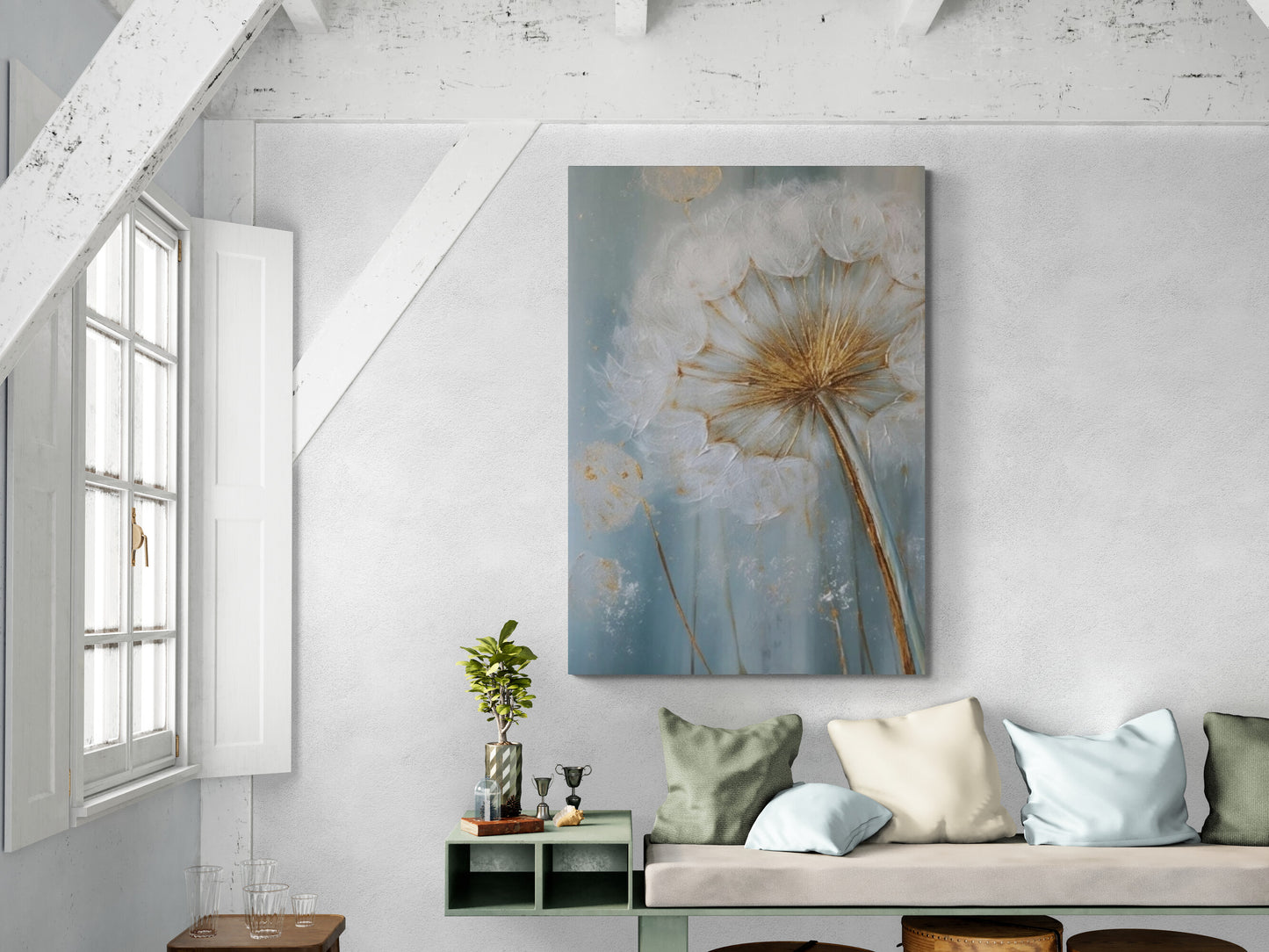 Printable dandelion wall art, large framed floral canvas print, big flower wall art, floater frame artwork, white flower wall art to bedroom