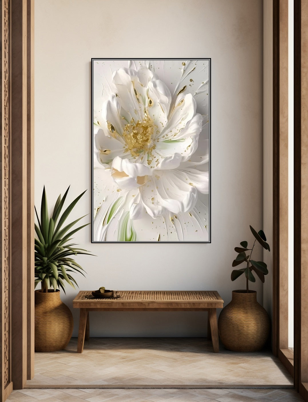 Floral 3D wall art, large white & gold artwork, printable floater frame wall art, volumetric white flower canvas print, living room wall art