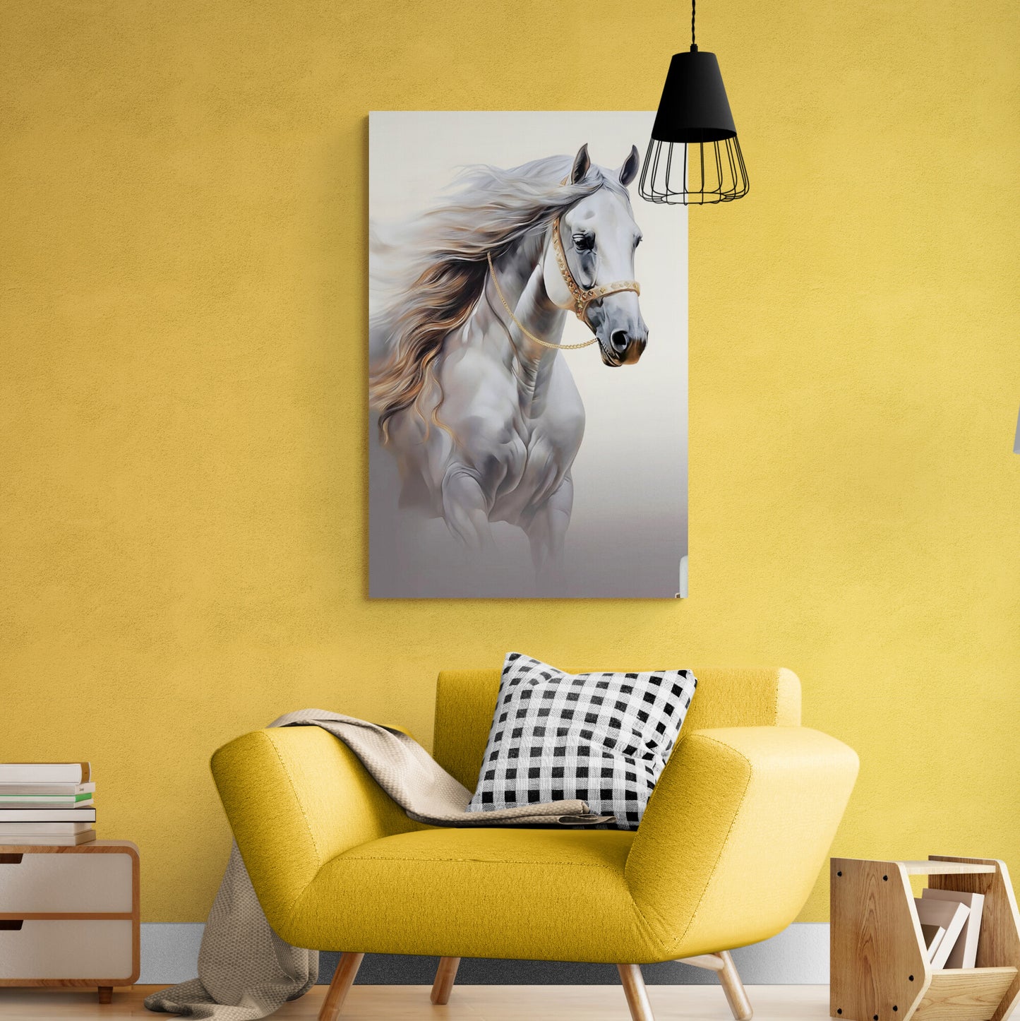 Pferde-Wandkunst, gerahmter Leinwanddruck mit Tierbild, Kunstwerk mit Bild eines großen weißen Pferdes, vertikaler Kunstdruck, Geschenk für Pferdeliebhaber, Wohnzimmer-Wandkunst