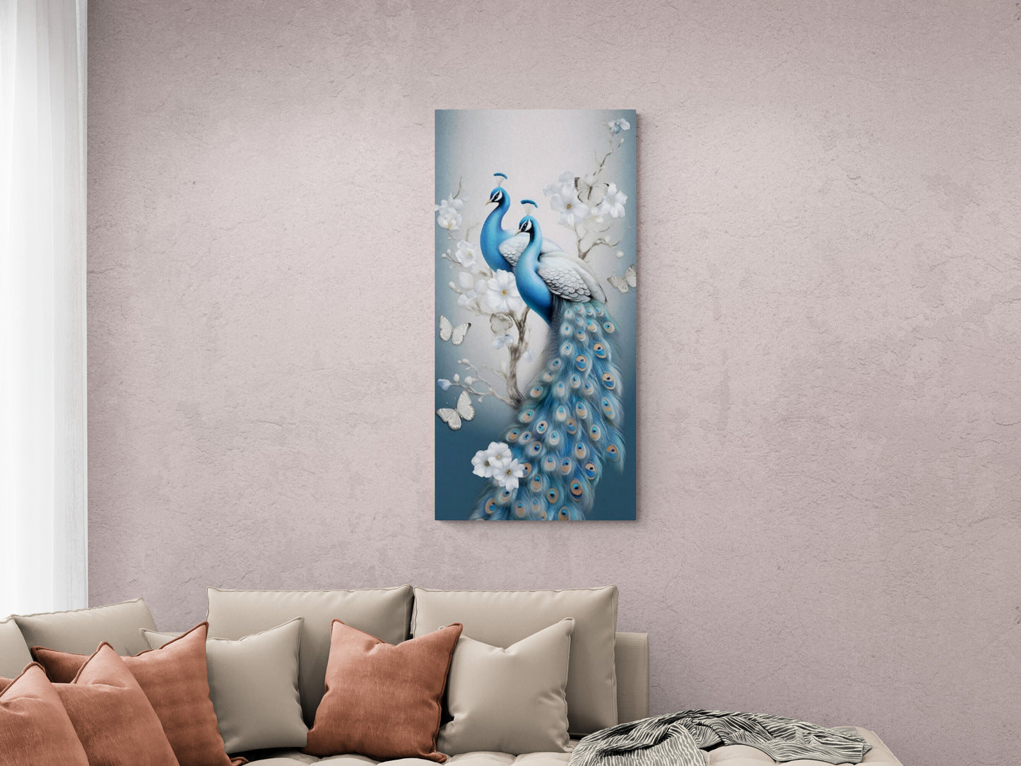 Birds wall art, framed wall art with peacock image, animals art print, large vertical canvas print, living room wall art, godmother gift