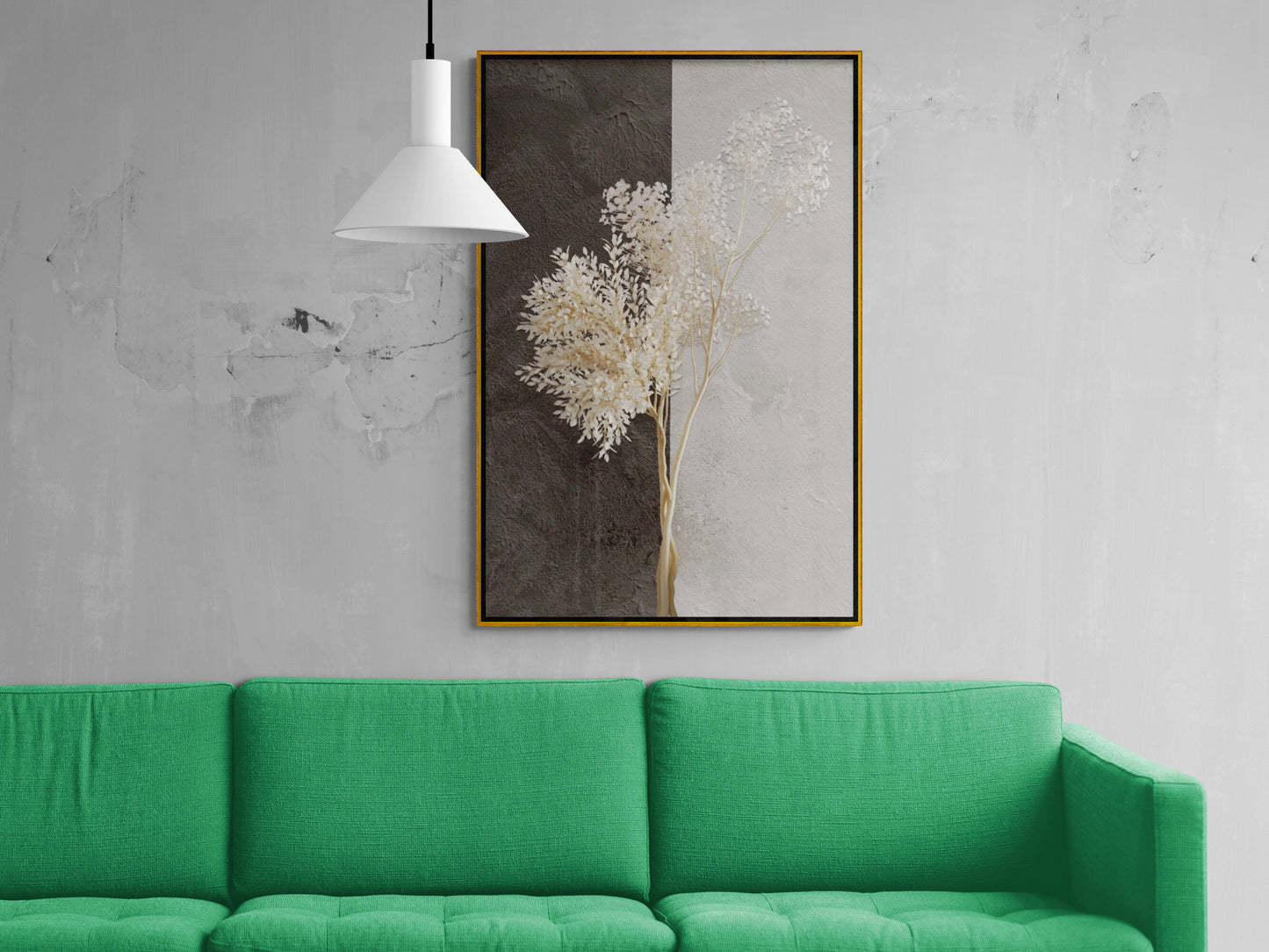 Abstract white and brown wall art, artwork with dried plants, vertical framed canvas print, living room wall art, housewarming gift