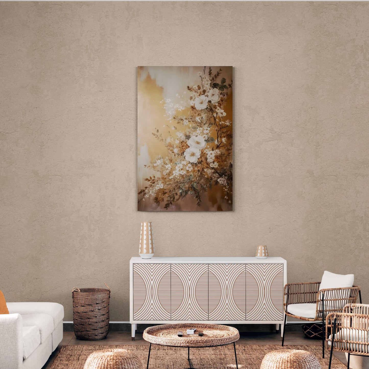 Floral wall art abstract oil painting effect canvas print, framed artwork flowers, neutral wall art, living room artwork