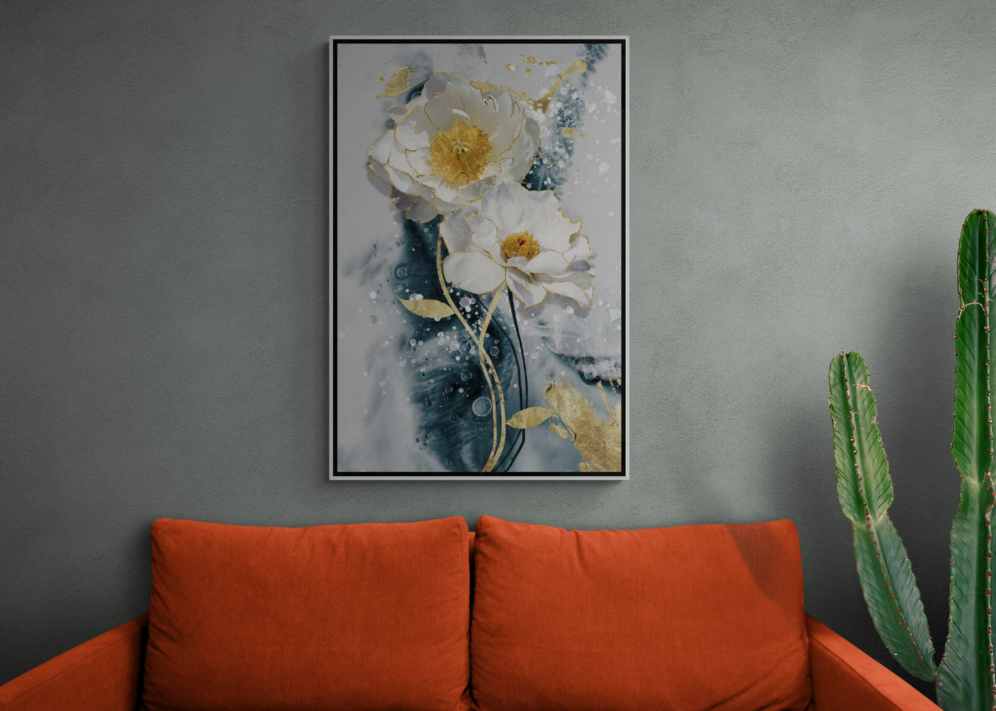 Floral wall art, gentle flowers artwork, white flowers canvas print, framed botanical artwork, white blue and gold floral wall art, godmother gift, bedroom wall art