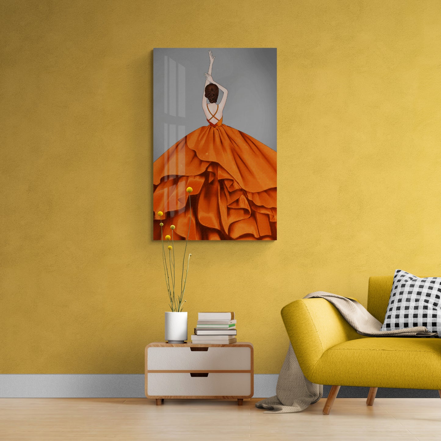 Fashion wall art, dancing woman art print, stylish canvas print, framed wall art, orange and gray artwork, gift for her, bedroom wall art