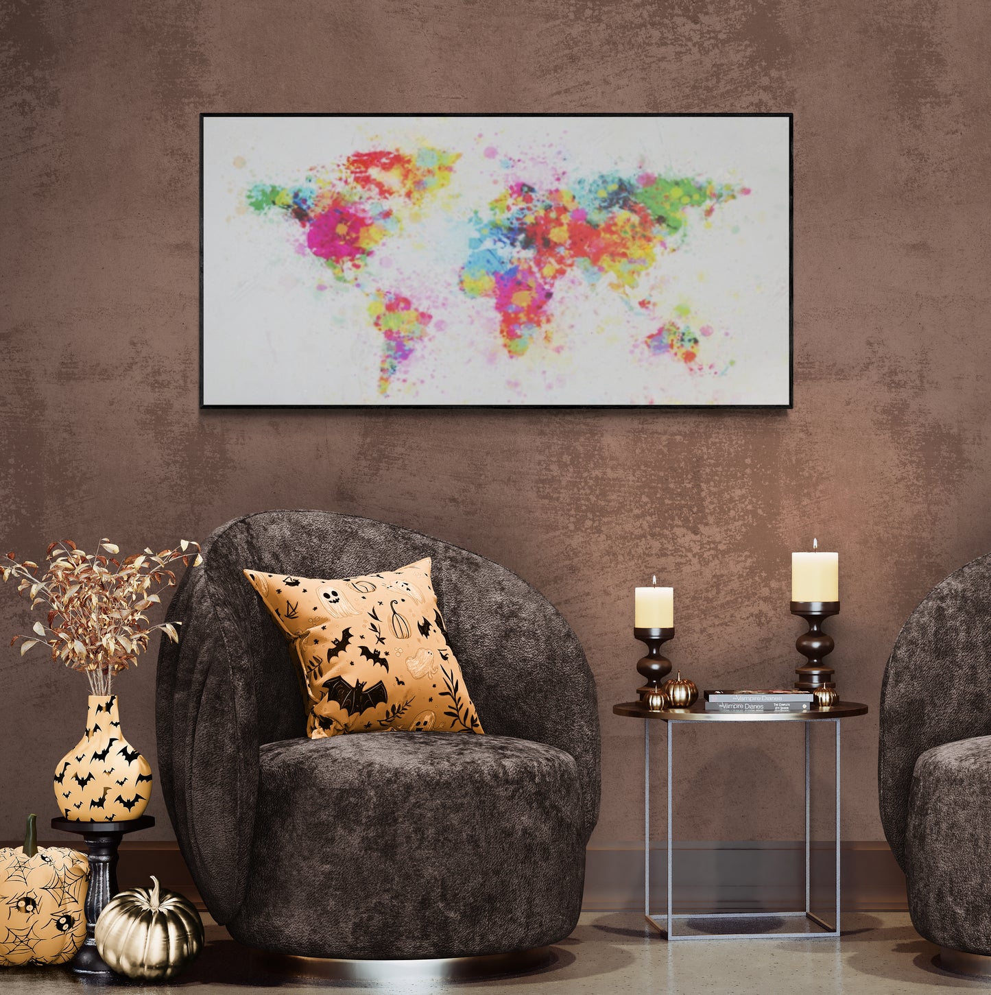 World map canvas print, abstract wall art, colorful artwork, framed wall art, horizontal above bed wall art, office canvas print