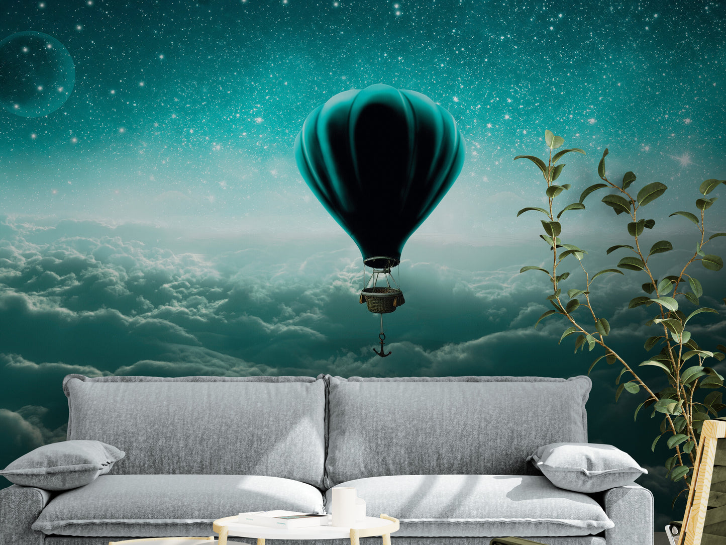 Self adhesive wallpaper with big blue baloon in the sky, removable wallpaper, peel and stick wal mural