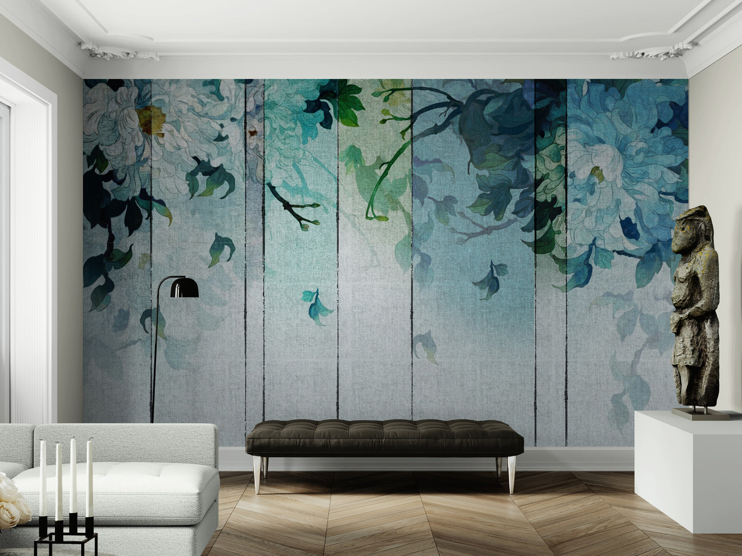 Wallpaper with blue flowers, abstract peel and stick wall mural, wallppaer with gentle flowers, extra large living room wallpaper