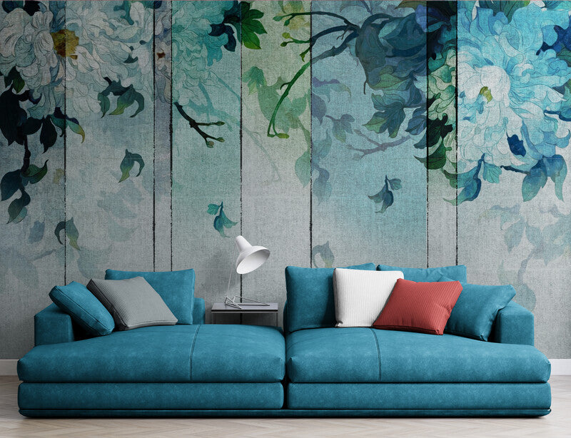 Wallpaper with blue flowers, abstract peel and stick wall mural, wallppaer with gentle flowers, extra large living room wallpaper