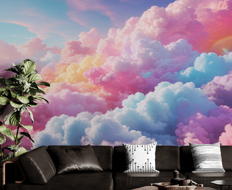 Extra large clouds wallpaper, self adhesive celestial wall mural, colorful abstract peel and stick wallpaper mural, wallpaper with colorful sky image, removable wallpaper