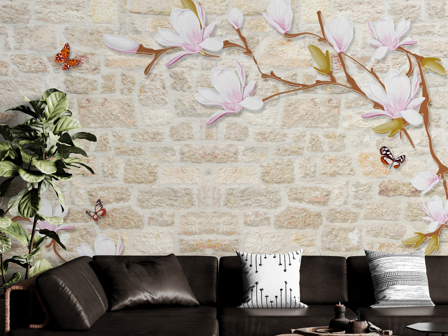 Magnolia blossom wallpaper, peel and stick wall mural with butterflies and trees, self adhesive wallpaper with bricks, removable loft wall mural, accent floral wallpaper, chinoiserie wall mural