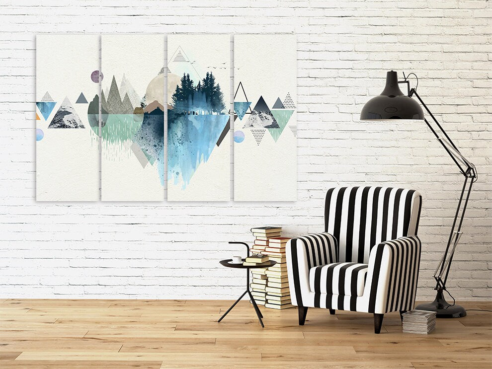 Blue mountains Geometric Abstract minimalist nature wall art paintings on canvas home wall decor wall art Extra large canvas painting