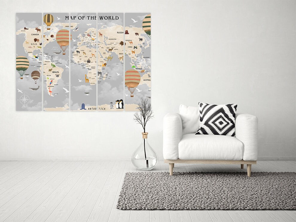 Boy nursery wall art, Children's world map wall art paintings on canvas, home wall decor, canvas painting, multi panel wall art extra large