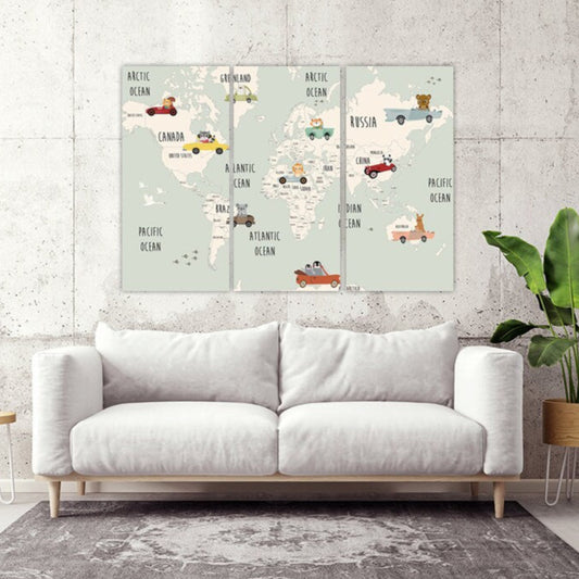 Children's world map wall art paintings on canvas, nursery wall art, world map wall art,  home wall decor, canvas painting, world map canvas