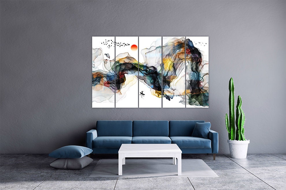 Abstract wall art paintings on canvas, blue wave abstract home wall decor, canvas painting, housewarming gift abstract print