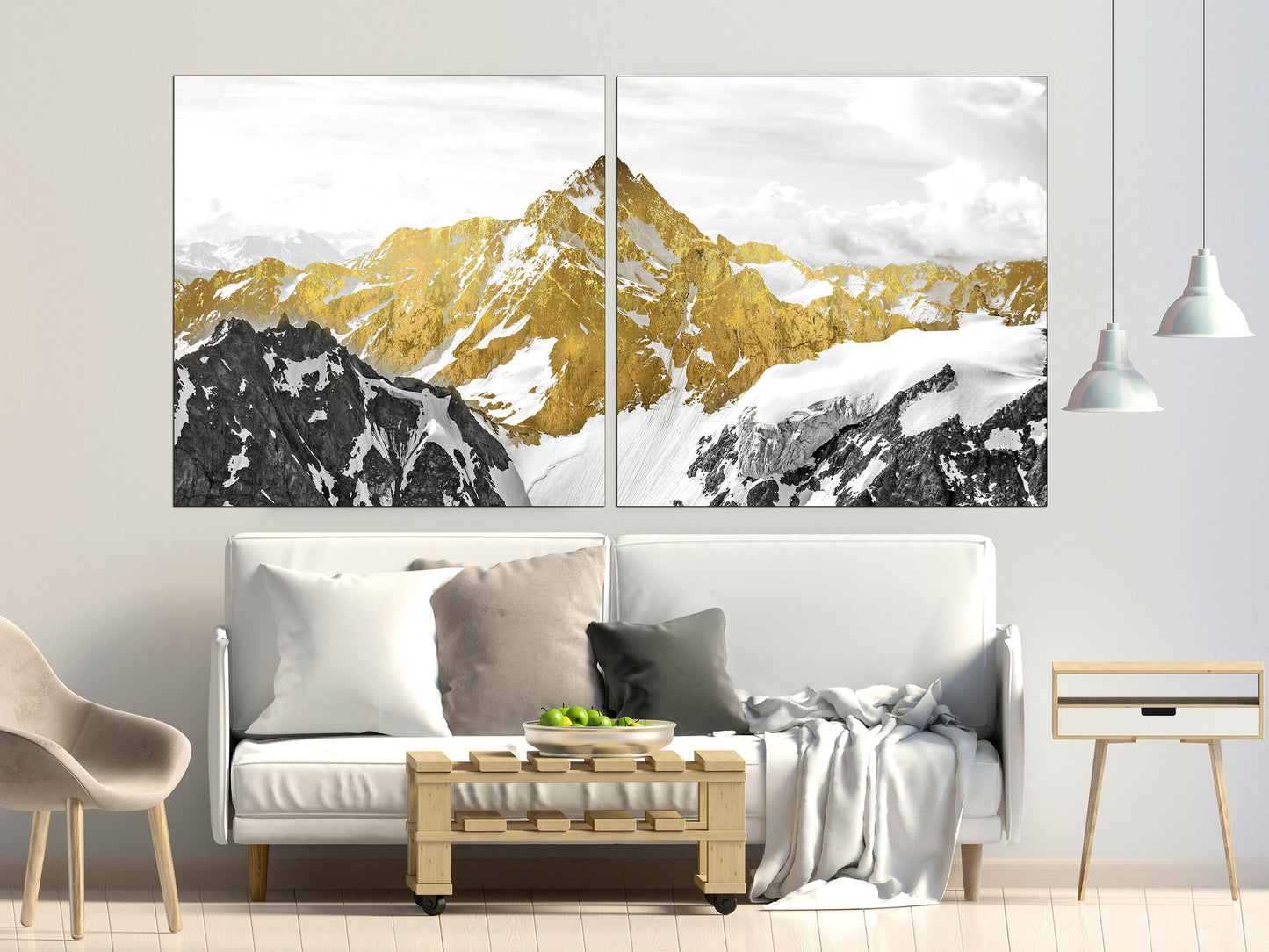 Gold mountains wall art paintings on canvas, wall pictures mountains, nature wall art, home wall decor, mountain art print