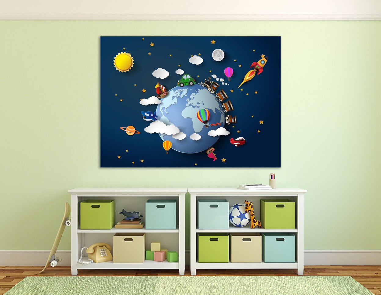 Kids space Nursery Playroom wall decor adventure Baby Kids wall print 3d space art canvas painting extra large Multi panel canvas