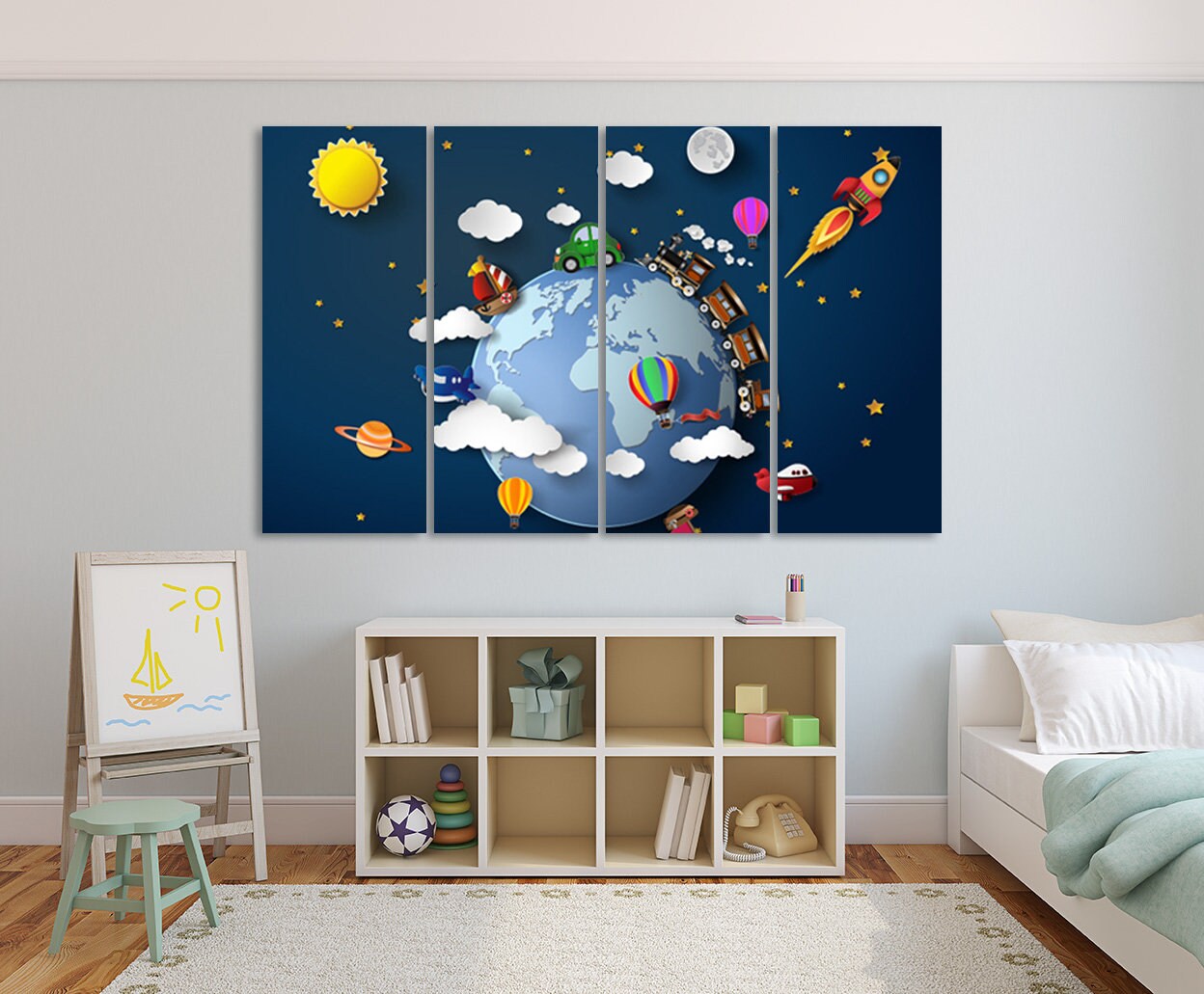 Kids space Nursery Playroom wall decor adventure Baby Kids wall print 3d space art canvas painting extra large Multi panel canvas