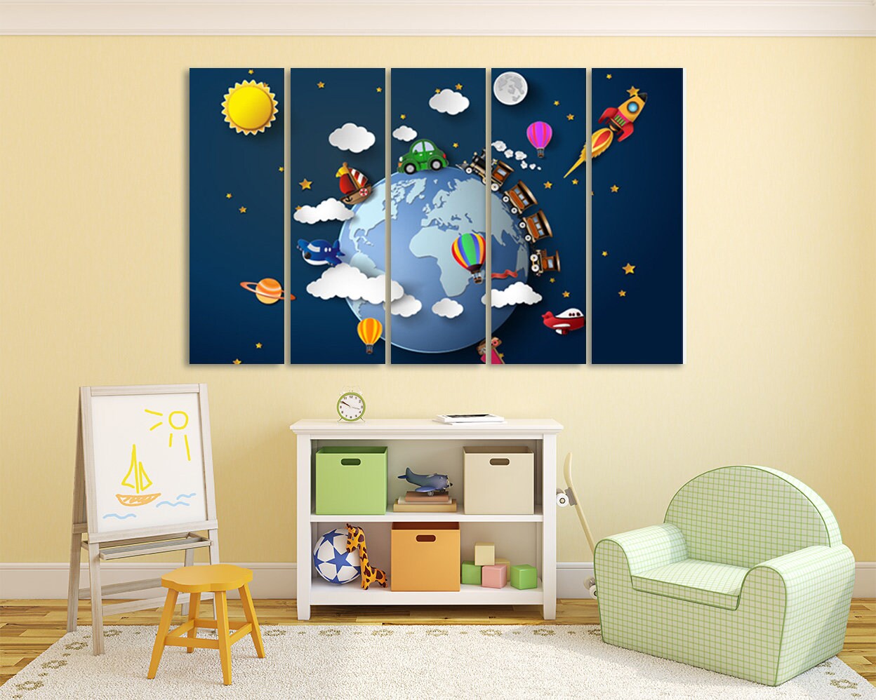 Kids space Nursery Playroom wall decor adventure Baby Kids wall print 3d space art canvas painting extra large Multi panel canvas