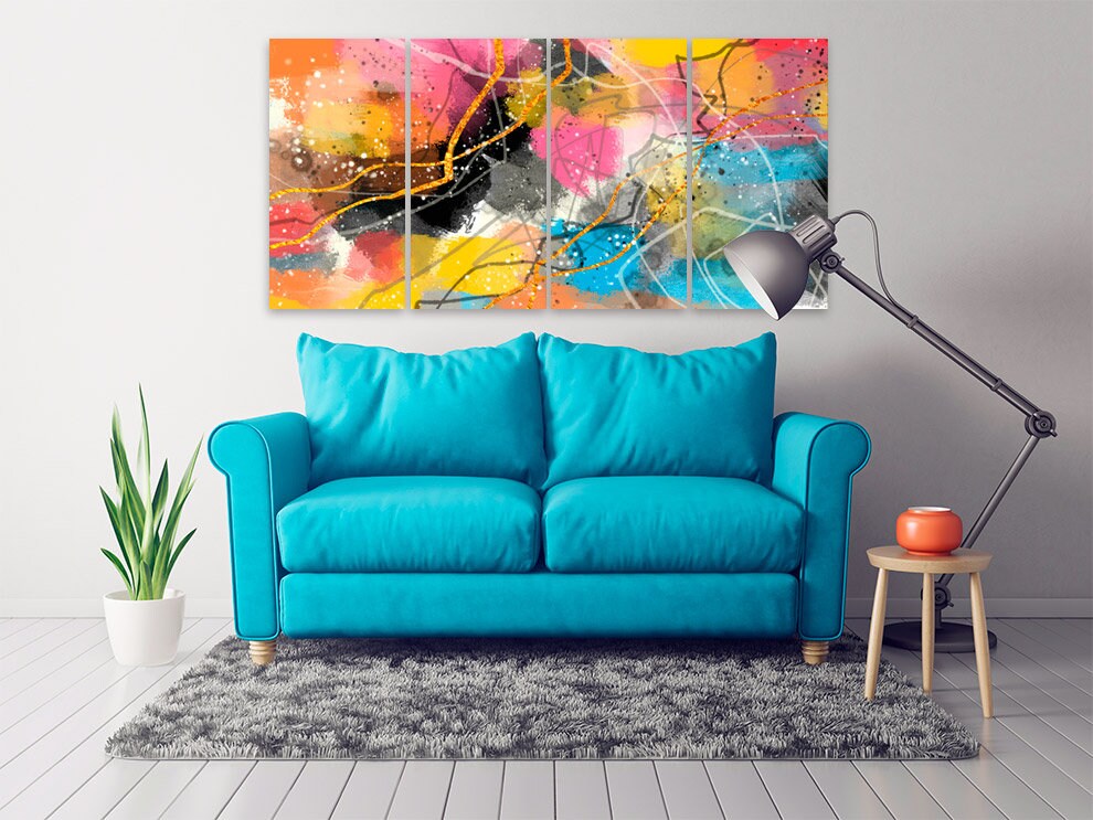 Blue and yellow rainbow clip art  Large wall art framed abstract Modern abstract art Multi panel canvas Abstract wall art Abstract painting