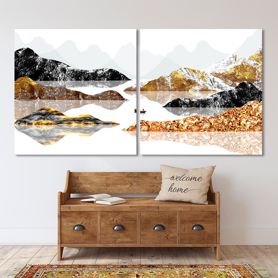 Gold mountains wall art paintings on canvas Seine river art Wall pictures mountains nature print home wall decor calm horizontal art