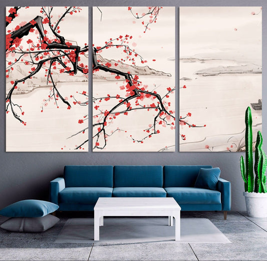 Sakura bonsai tree Sakura blossoms Floral wall decor asian japanese prints wall art canvas huge wall art