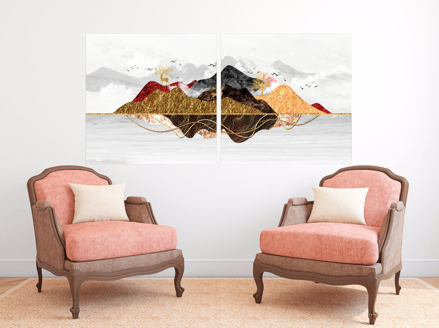 Framed wall art mountains Golden deer Smoky mountains wall art 3 panel canvas Outdoors mountains Canvas painting Home wall decor