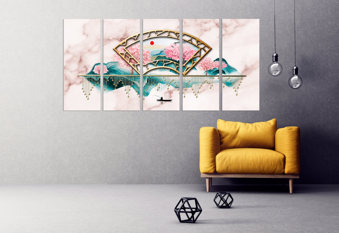 Home wall decor  Marble painting Japanese wall art Canvas painting 3 piece frame canvas Rocks and mountains Asian wall art Sakura blossoms