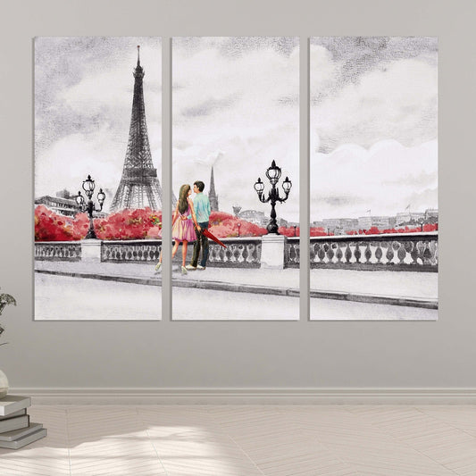 Love wall art paintings on canvas Home wall decor Couple in love in Paris Valentines day gift Paris wall art Eiffel tower wall decal