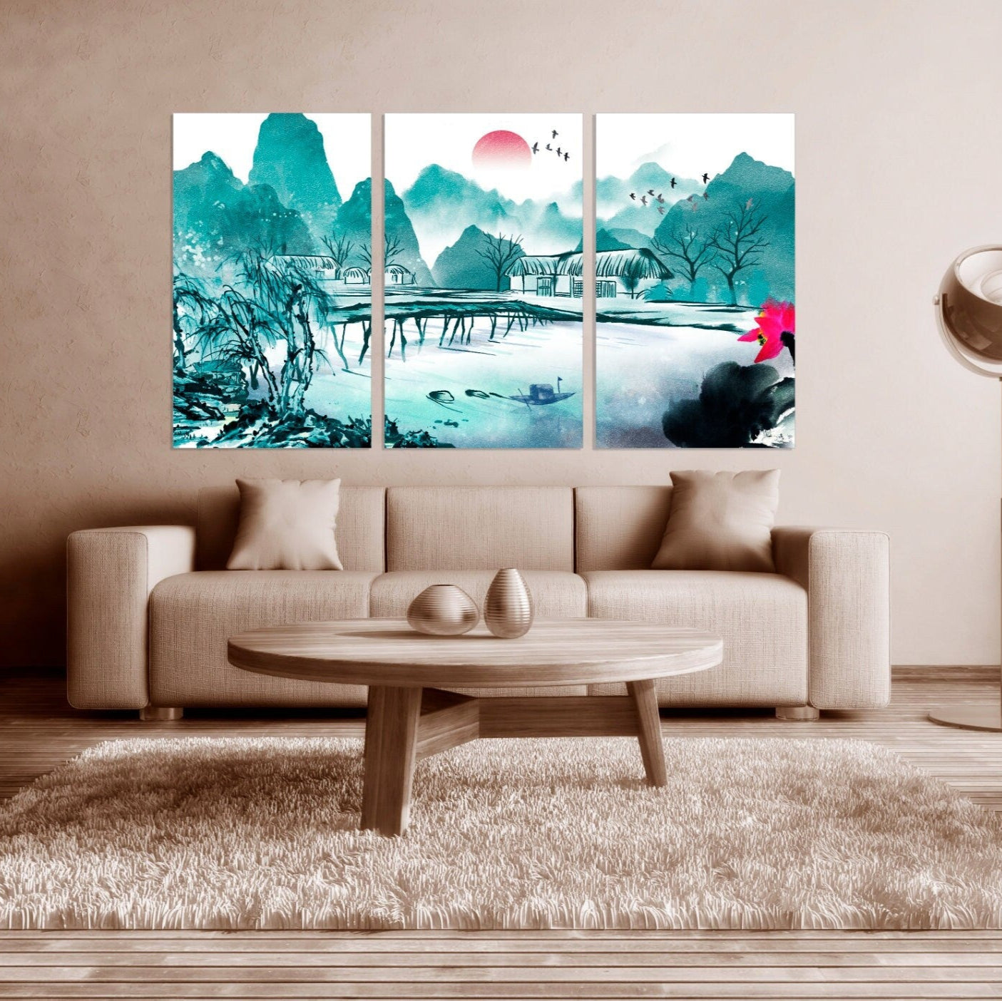 Life is better at the lake Sakura blossoms Outdoors mountains wall art Home wall decor Rocks and mountains 3 piece frame canvas Lake life