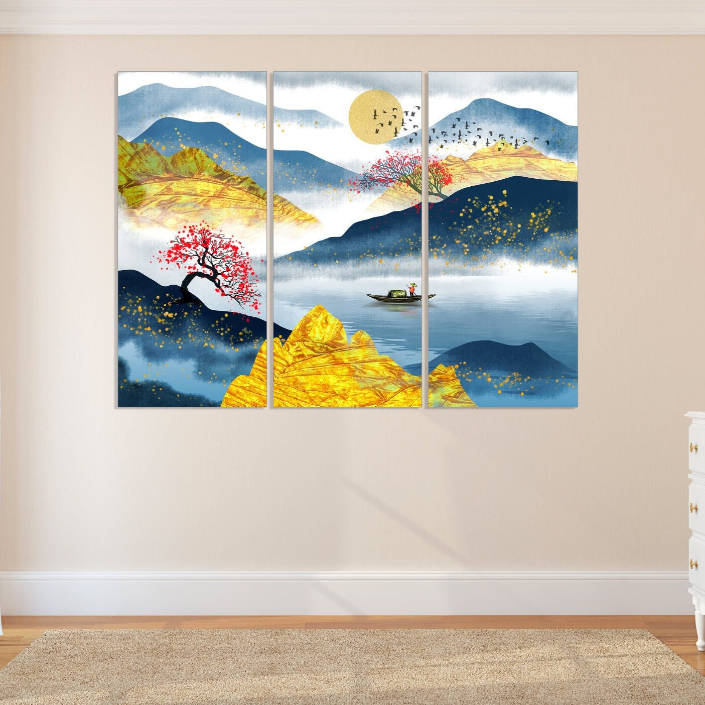 Mountain Lake decor Home wall decor Canvas painting Rocks and mountains Thin blue line Boat wood Sakura blossoms Felt boat