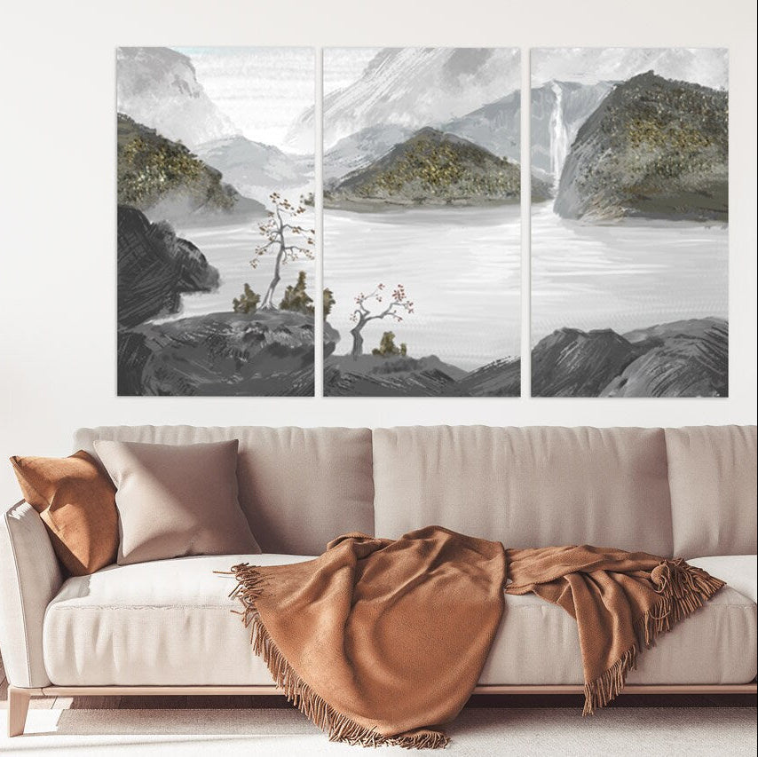 Smoky mountains wall art, Rocks and mountains сanvas painting, bedroom wall decor calm horizontal art