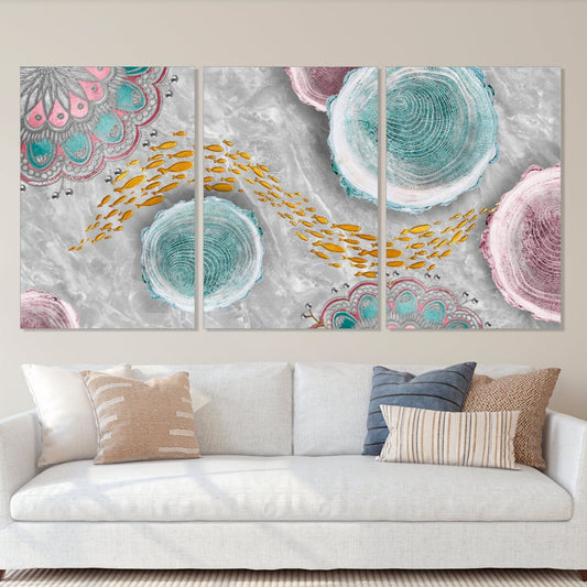 Japanese wall art, asian goldfish art, abstract canvas painting, horizontal home decor wall art, extra large multi panel wall art