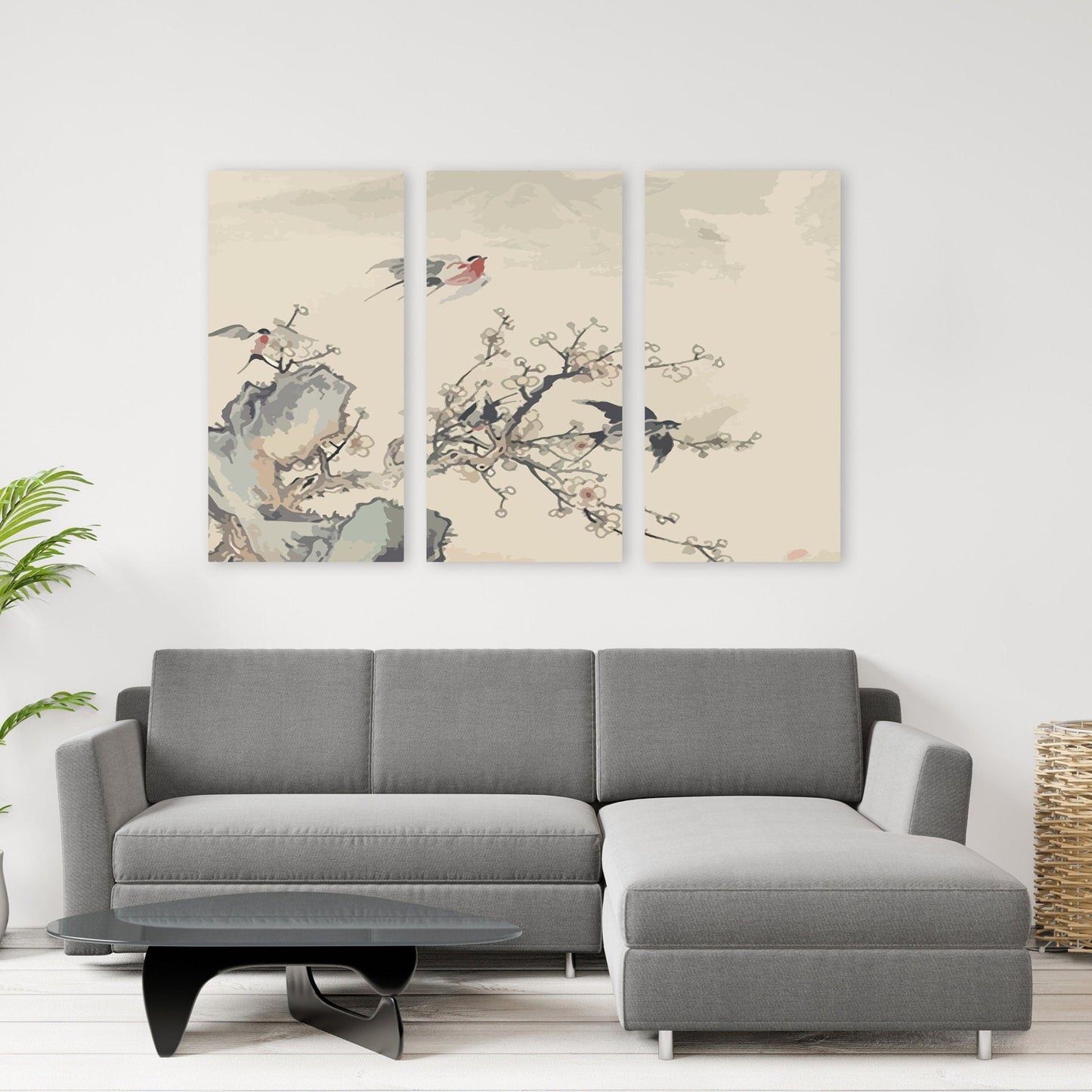 Sakura bonsai tree wall art, sakura blossoms canvas painting, floral asian wall decor japanese wall art bird prints wall art gift home decor