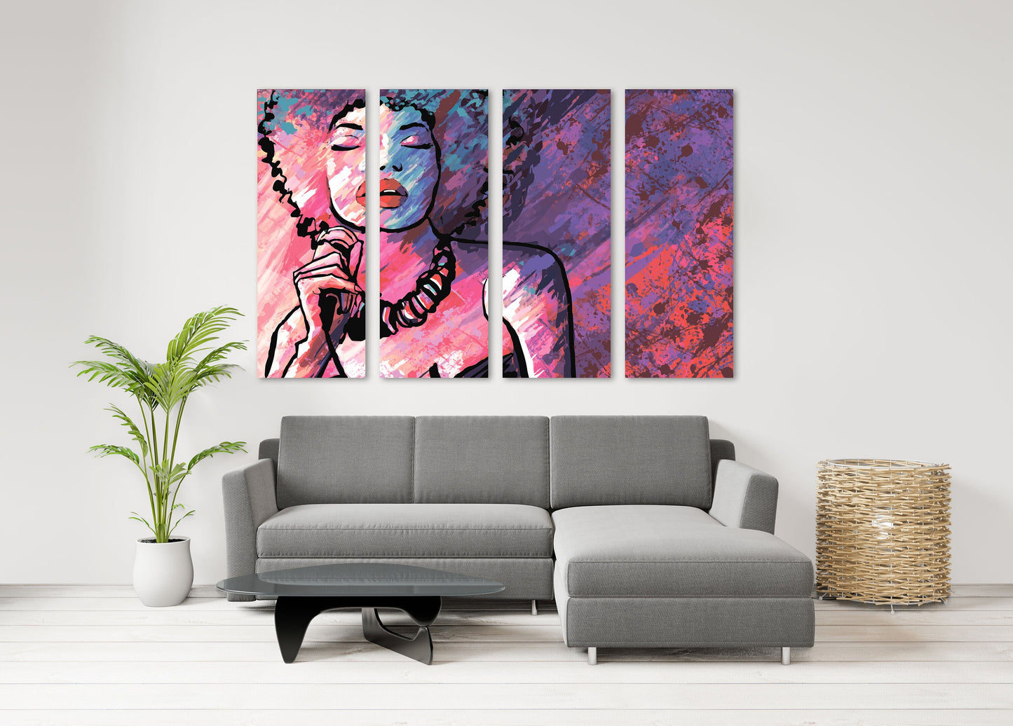 Trendy Black Afro woman canvas wall art  African american bright wall art multi panel extra large canvas art painting