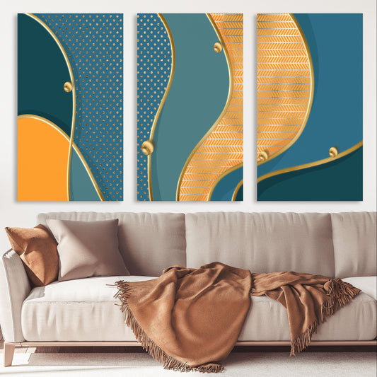 Modern abstract wall art with waves in blue colors, multi panel canvas room wall decor, extra larde set of three printable artworks