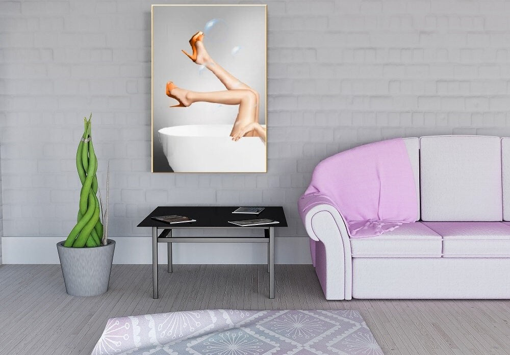 Modern framed erotic canvas print, extra large canvas artwork with woman legs, trendy canvas painting for bathroom, floating frame print