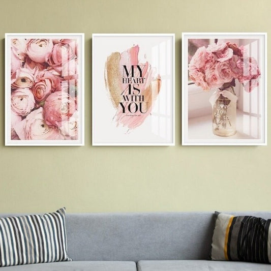 Set of three floral print wall arts in floating frame, modern framed floral artwork, bink flowers canvas print, inspiritual saing wall art