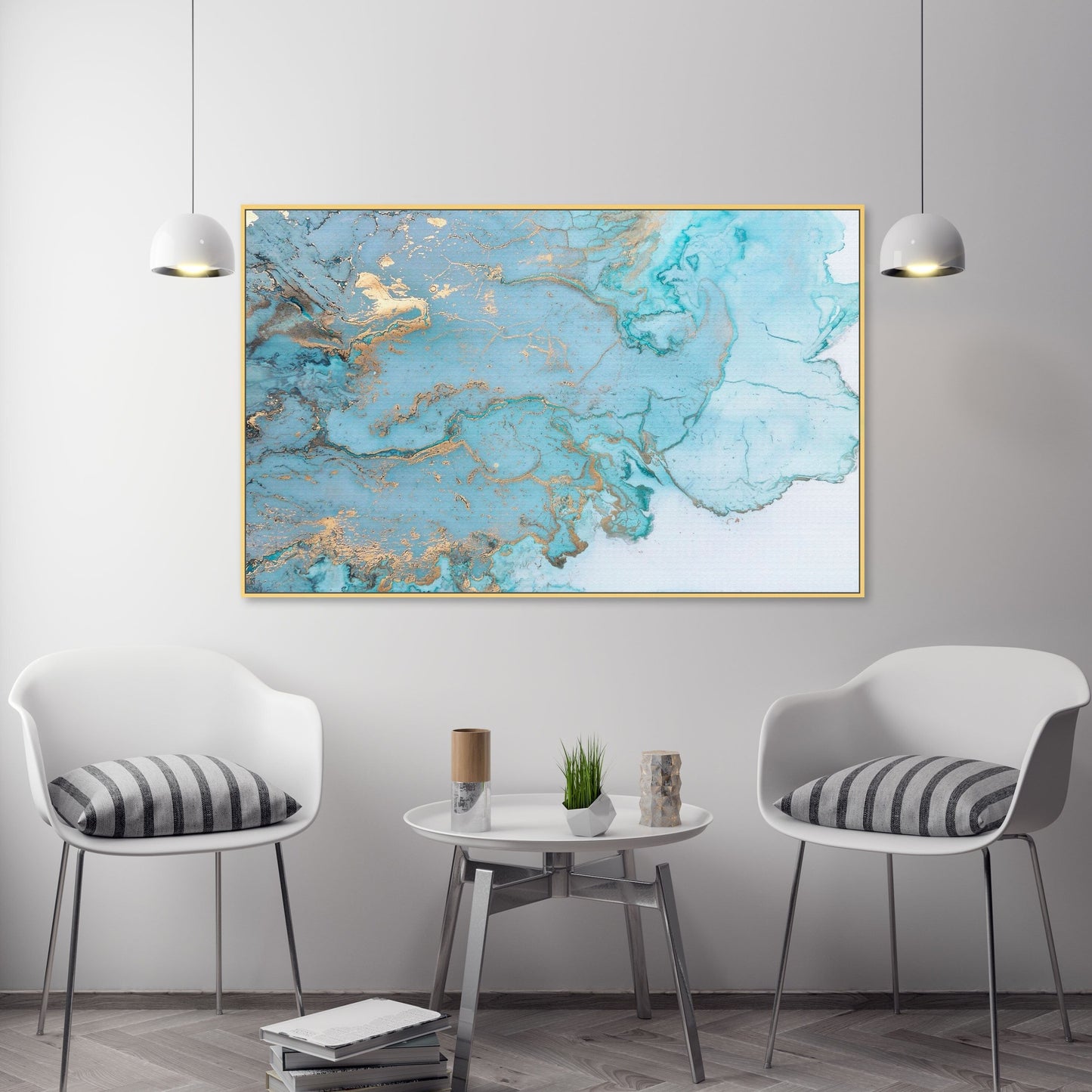 Abstract blue modern framed canvas art, extra large multi panel print blue and gold wall art in gold floating frame, set of three art gifts