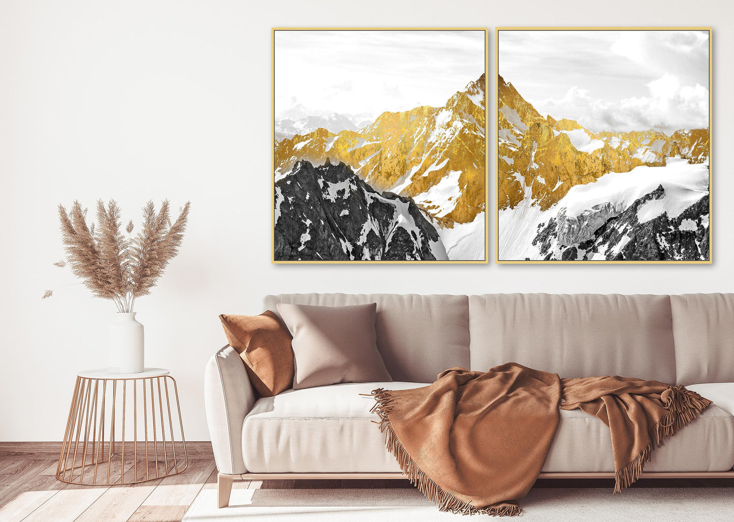 Multi panel gold mountains wall framed canvas painting, set of 3 wall mountain arts in gold floating frame, asian nature wall art for gift