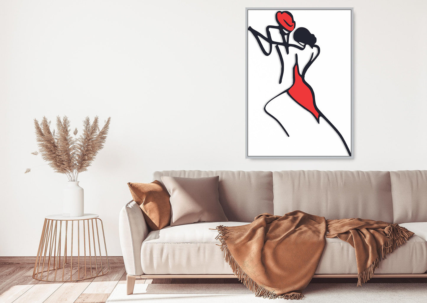 Abstract couple wall art, modern framed one line canvas artwork, black red printable wall hanging decor in floating frame, love wall art