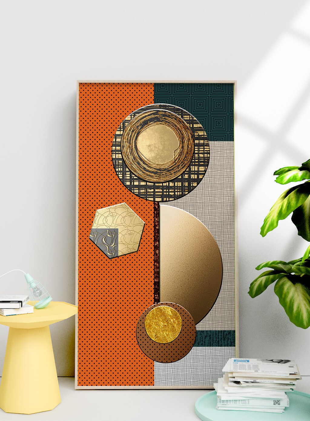 Abstract framed geometrical wall art, large orange floater frame living room canvas print, trendy printable interior picture with circles