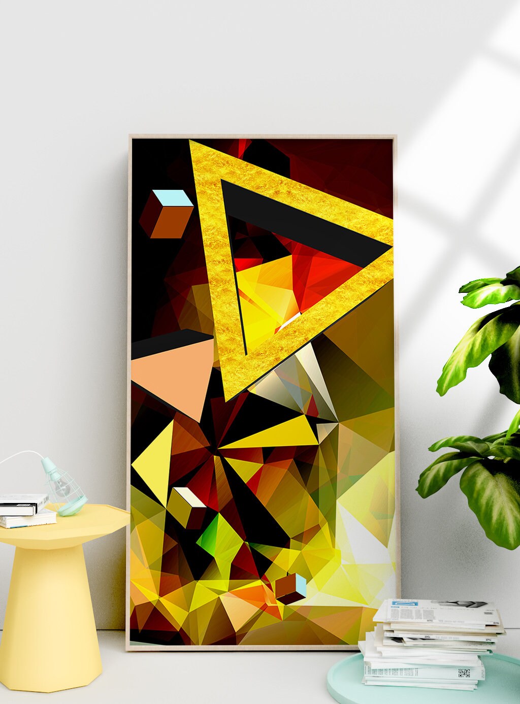 Abstract geometrical floater frame artwork, extra large yellow canvas wall art, printable framed wall hanging decor with triangles