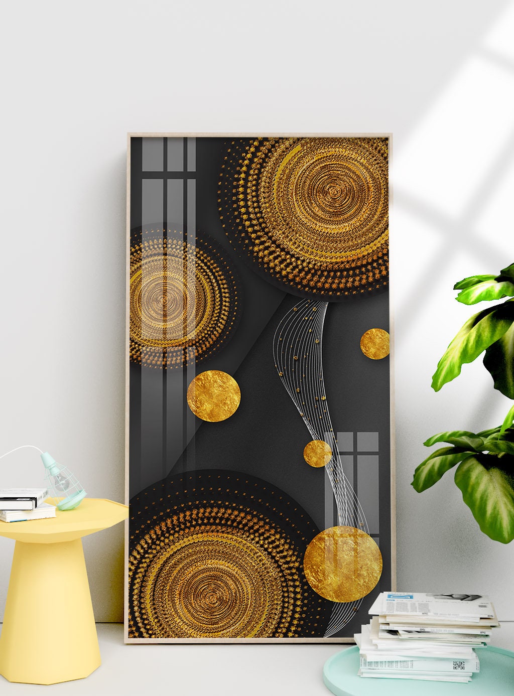 Circles abstract framed canvas artwork, geometrical floater frame hanging wall decor, large printable black yellow wall art for living room