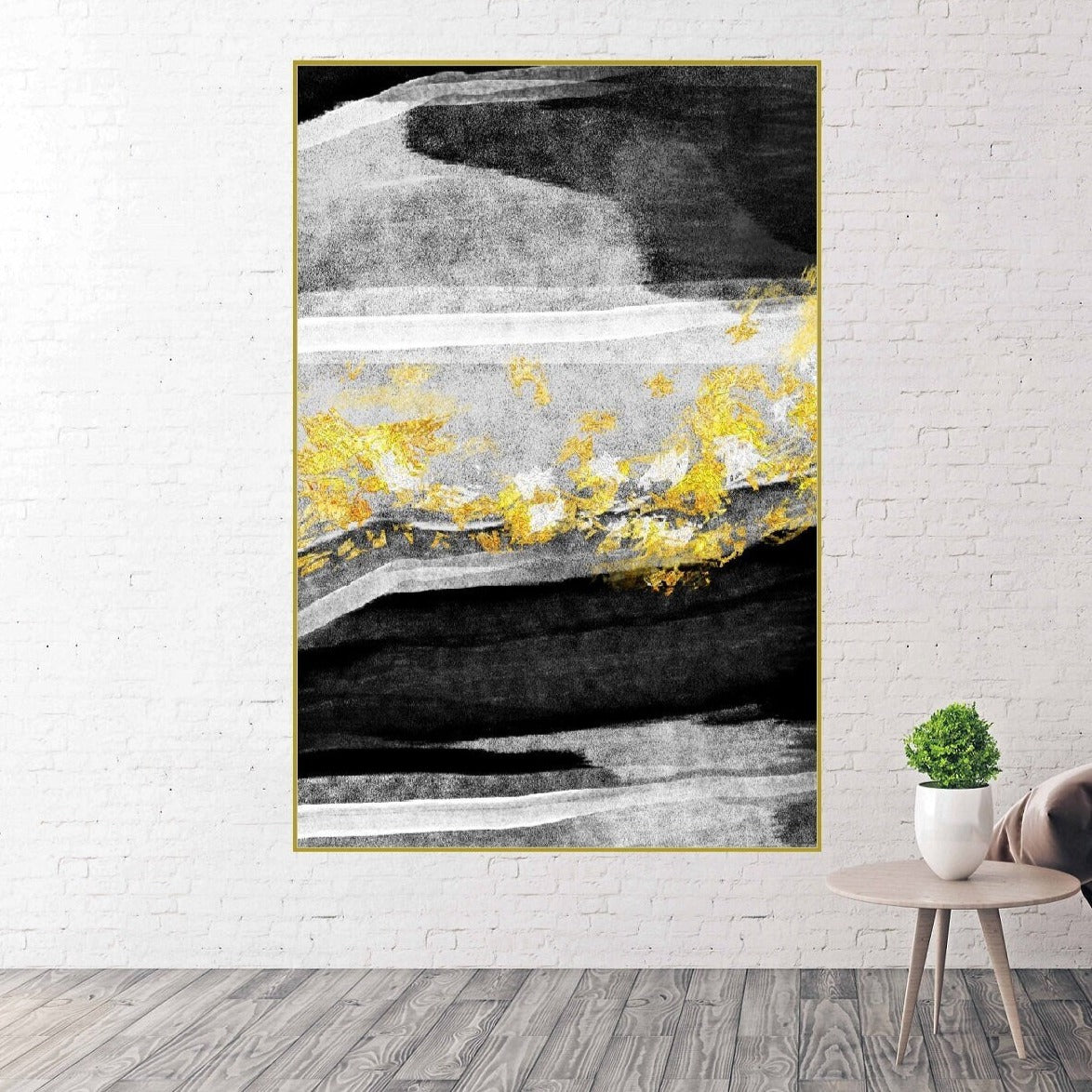 Large abstract hanging wall decor, floating frame canvas print, modern black gold wall art, framed living room wall art, abstract artwork