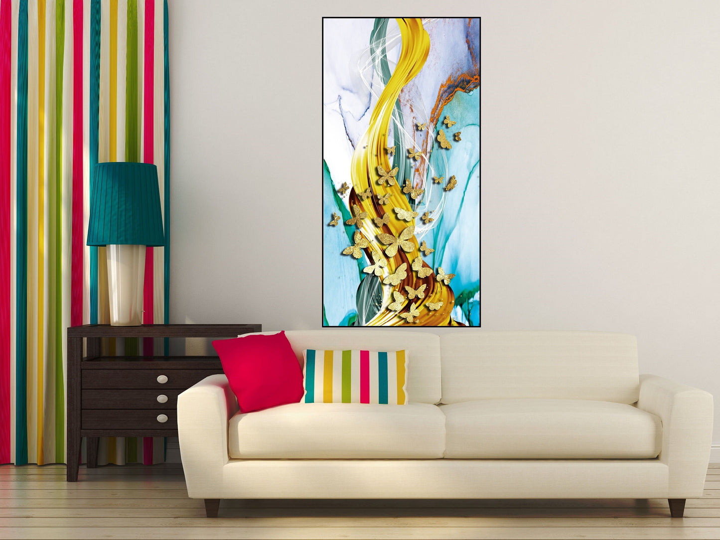 Large butterfly wall art, floater frame abstract artwork, golden butterflies canvas print, framed living room wall art, colorful artwork